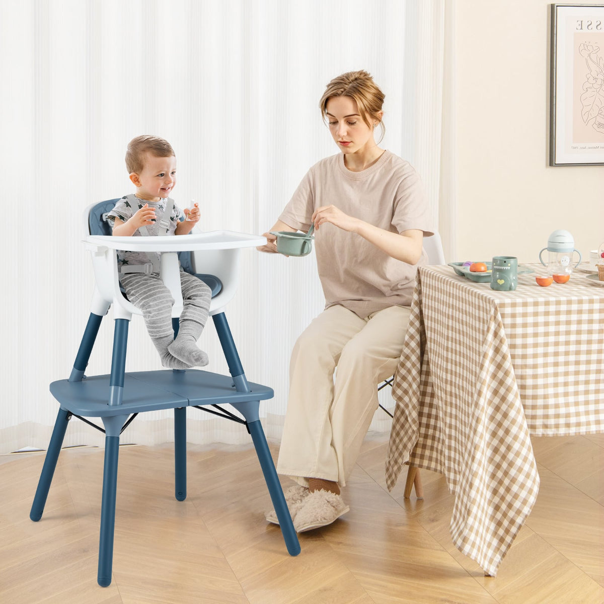 4-in-1 Baby Convertible Toddler Table Chair Set with PU Cushion-Blue-High Chairs-DECOROLALA