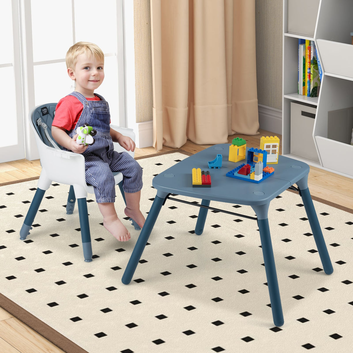 4-in-1 Baby Convertible Toddler Table Chair Set with PU Cushion-Blue-High Chairs-DECOROLALA
