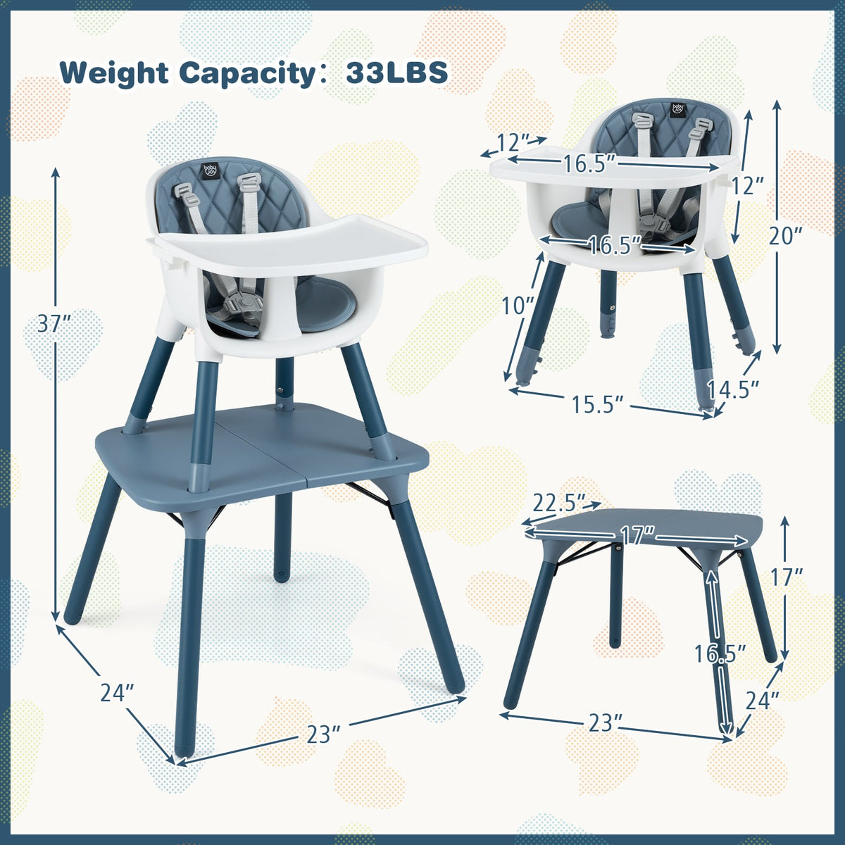 4-in-1 Baby Convertible Toddler Table Chair Set with PU Cushion-Blue-High Chairs-DECOROLALA