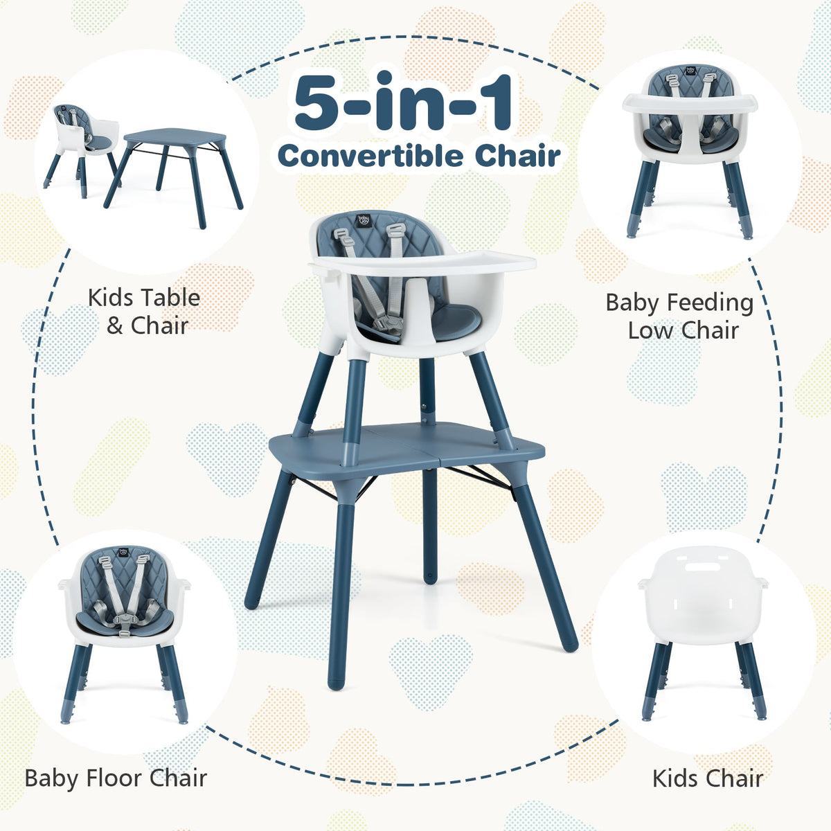 4-in-1 Baby Convertible Toddler Table Chair Set with PU Cushion-Blue-High Chairs-DECOROLALA