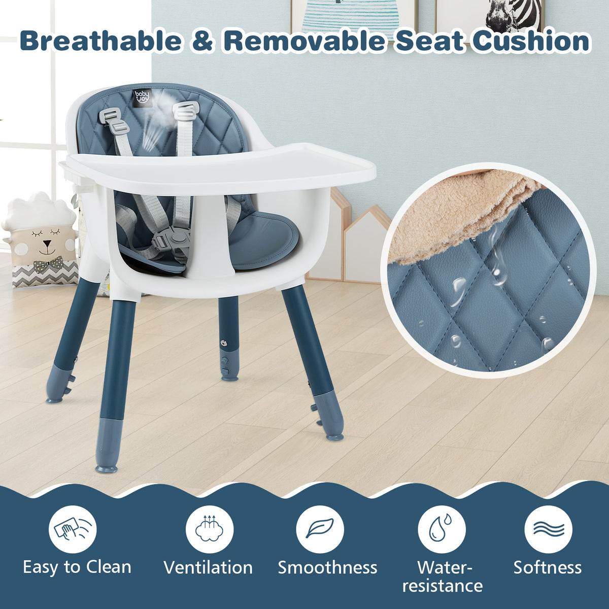 4-in-1 Baby Convertible Toddler Table Chair Set with PU Cushion-Blue-High Chairs-DECOROLALA