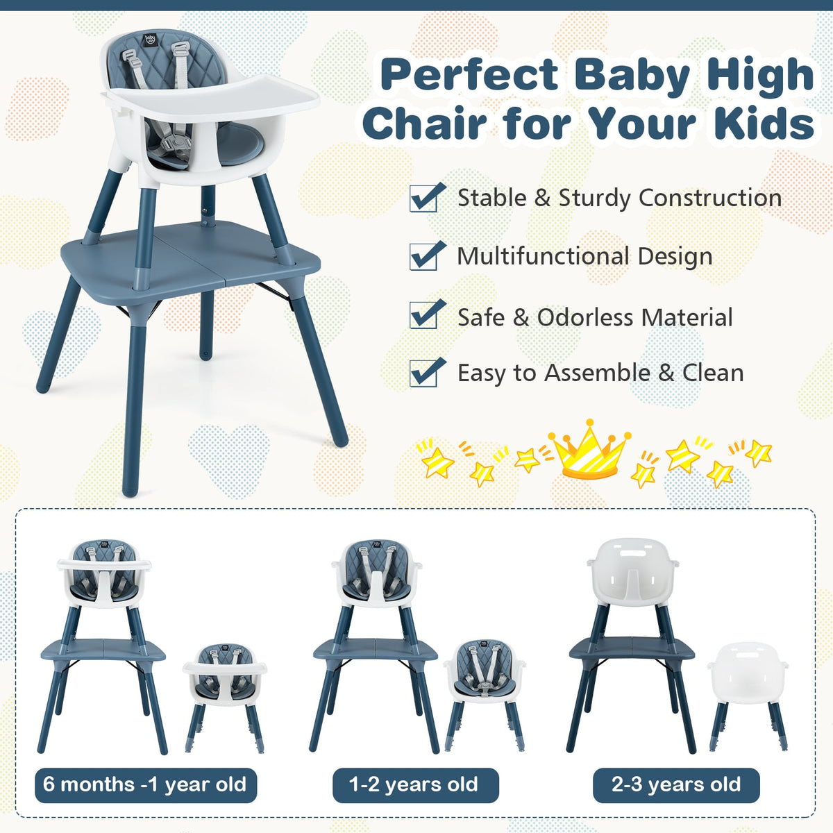 4-in-1 Baby Convertible Toddler Table Chair Set with PU Cushion-Blue-High Chairs-DECOROLALA