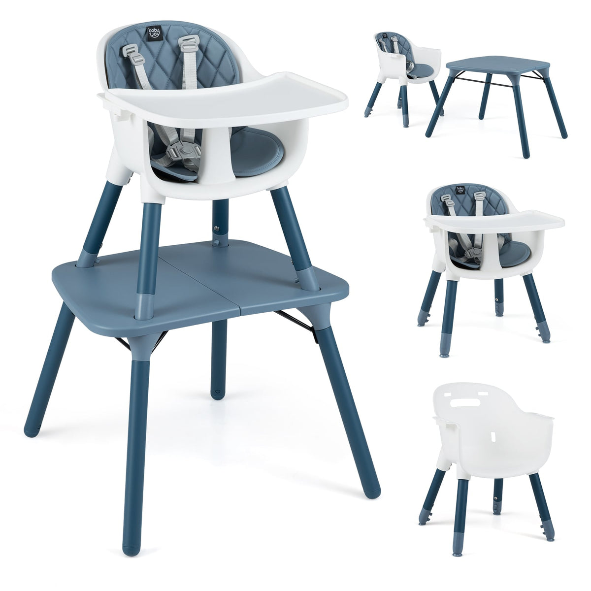 4-in-1 Baby Convertible Toddler Table Chair Set with PU Cushion-Blue-High Chairs-DECOROLALA