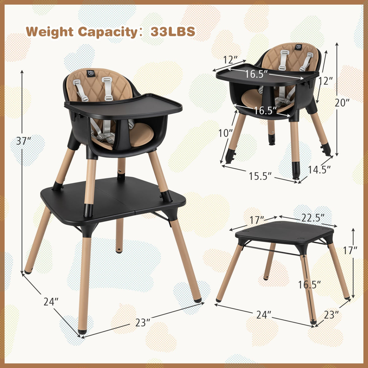 4-in-1 Baby Convertible Toddler Table Chair Set with PU Cushion-Brown-High Chairs-DECOROLALA