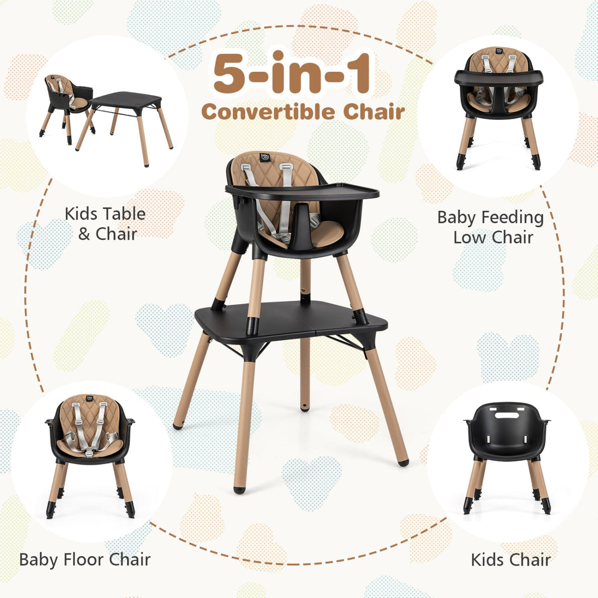 4-in-1 Baby Convertible Toddler Table Chair Set with PU Cushion-Brown-High Chairs-DECOROLALA