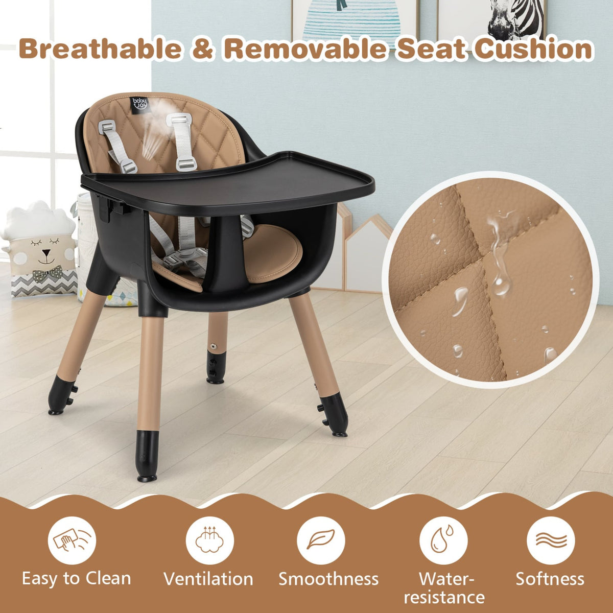 4-in-1 Baby Convertible Toddler Table Chair Set with PU Cushion-Brown-High Chairs-DECOROLALA