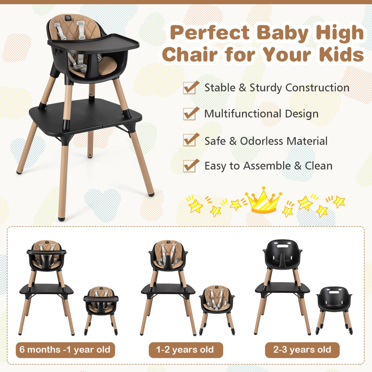 4-in-1 Baby Convertible Toddler Table Chair Set with PU Cushion-Brown-High Chairs-DECOROLALA
