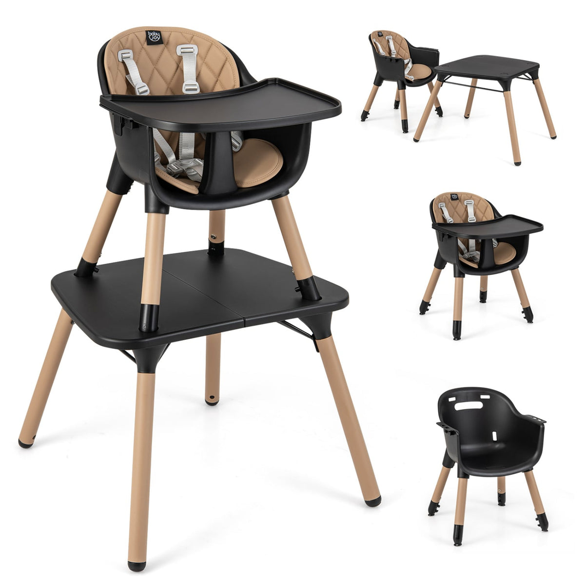 4-in-1 Baby Convertible Toddler Table Chair Set with PU Cushion-Brown-High Chairs-DECOROLALA
