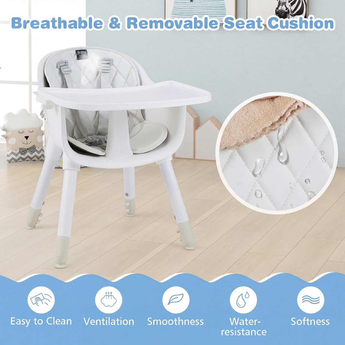 4-in-1 Baby Convertible Toddler Table Chair Set with PU Cushion-Cream-High Chairs-DECOROLALA