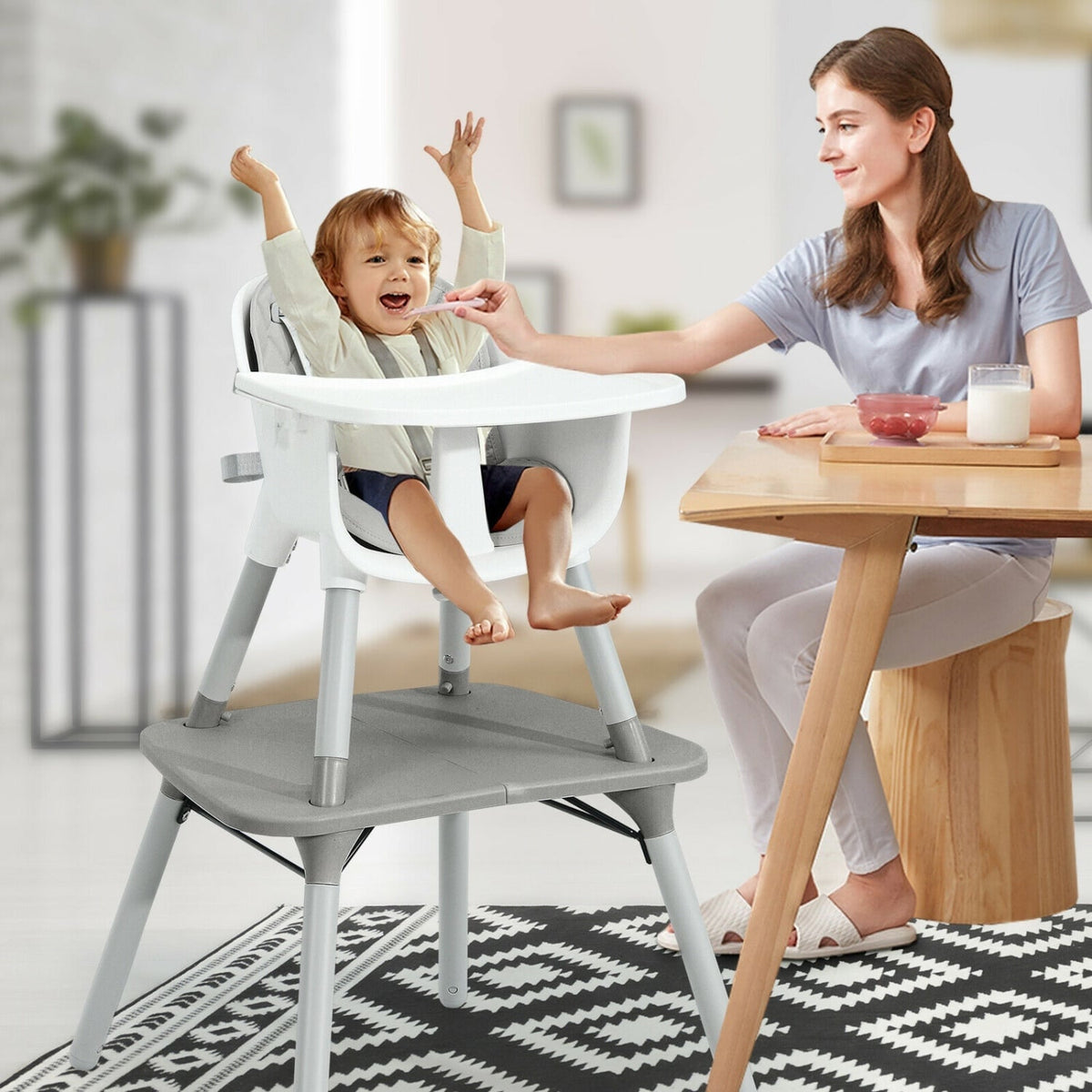 4-in-1 Baby Convertible Toddler Table Chair Set with PU Cushion-Gray-High Chairs-DECOROLALA