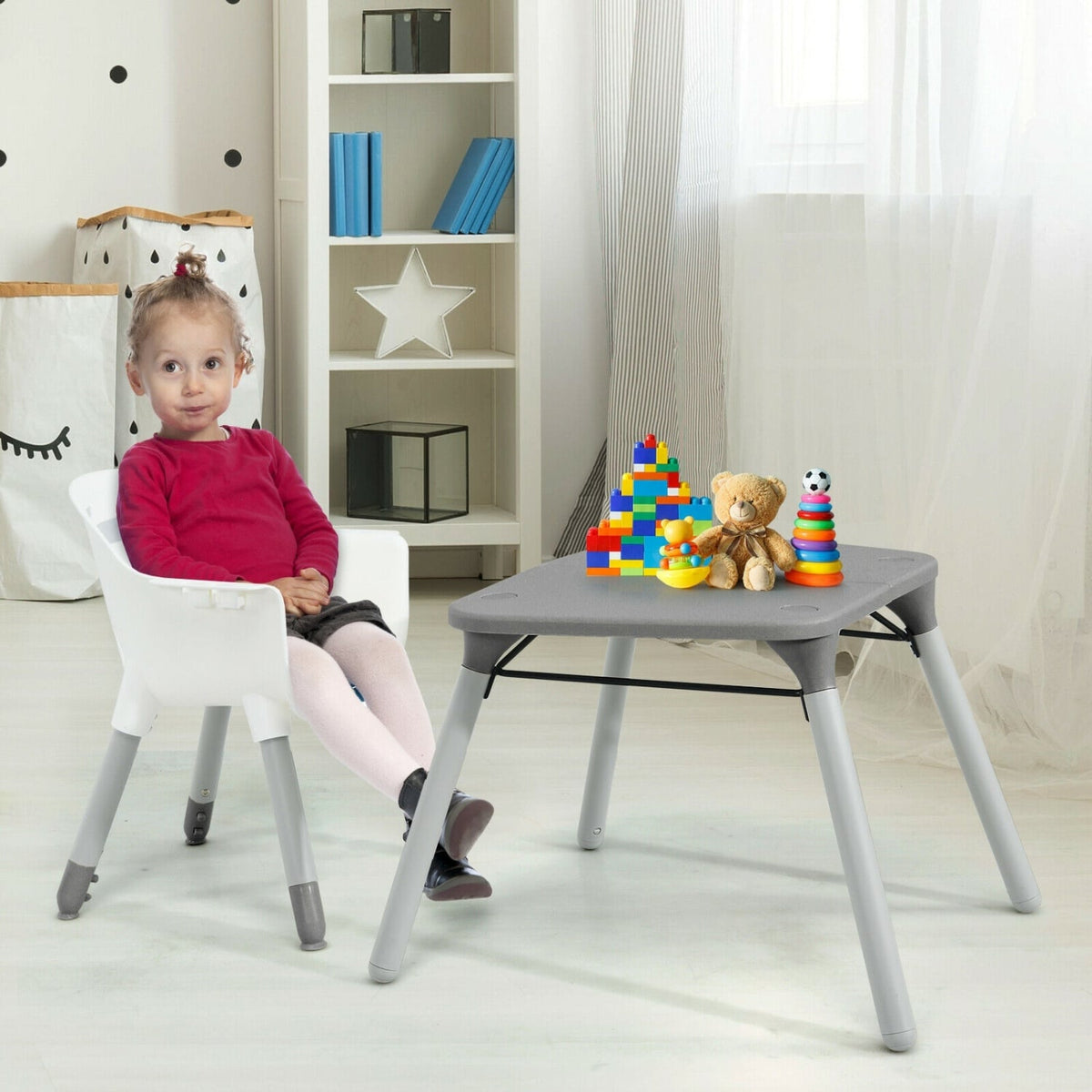 4-in-1 Baby Convertible Toddler Table Chair Set with PU Cushion-Gray-High Chairs-DECOROLALA