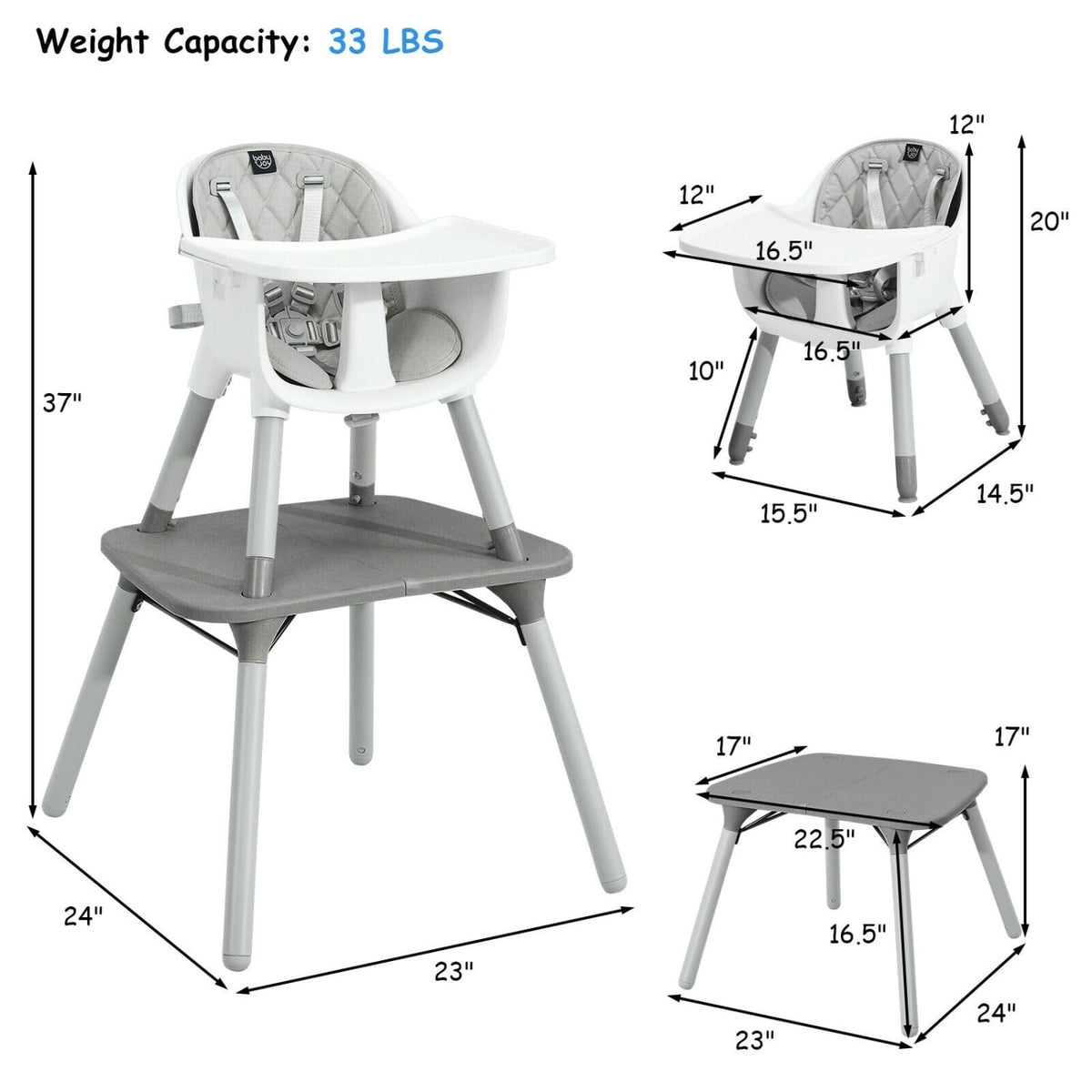 4-in-1 Baby Convertible Toddler Table Chair Set with PU Cushion-Gray-High Chairs-DECOROLALA