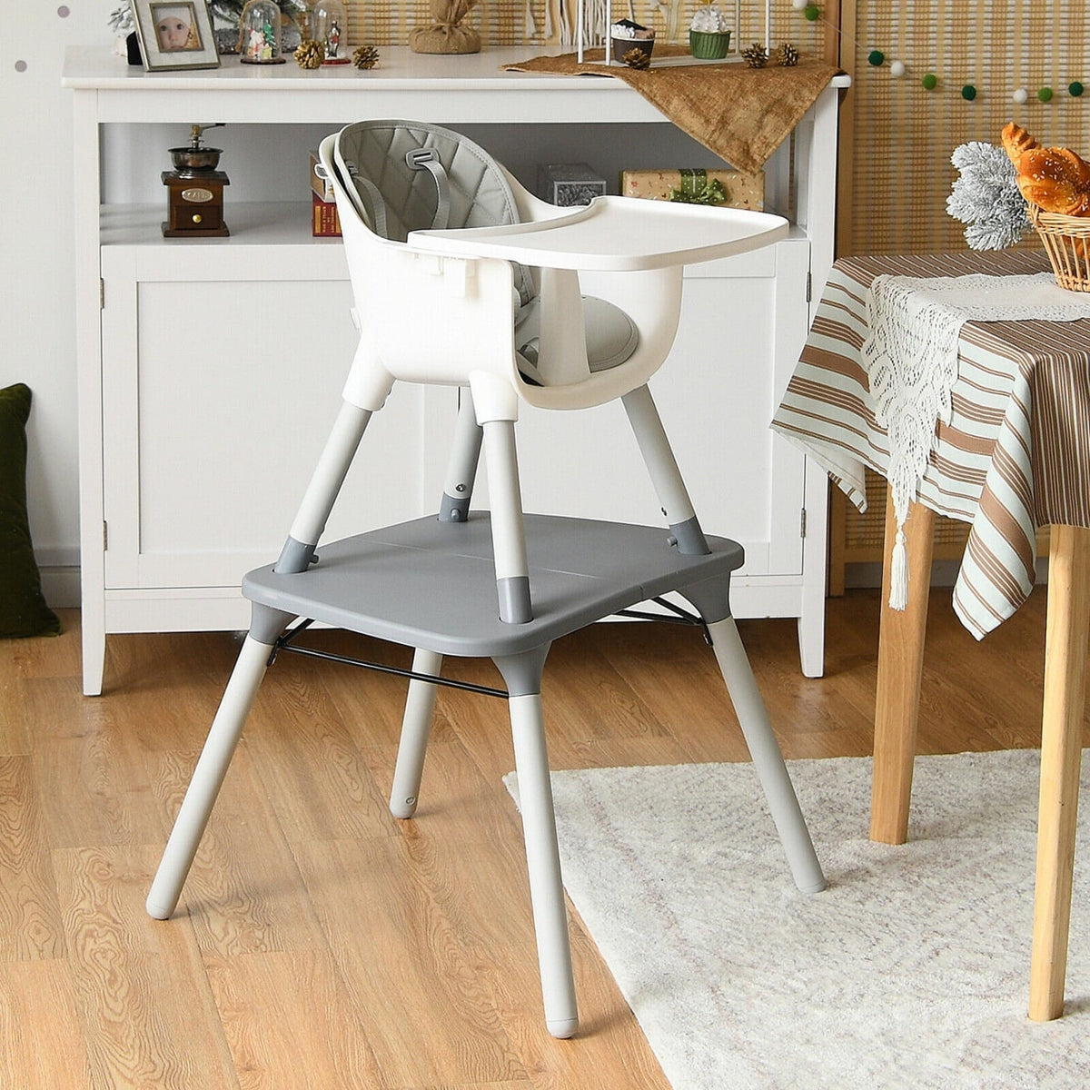4-in-1 Baby Convertible Toddler Table Chair Set with PU Cushion-Gray-High Chairs-DECOROLALA