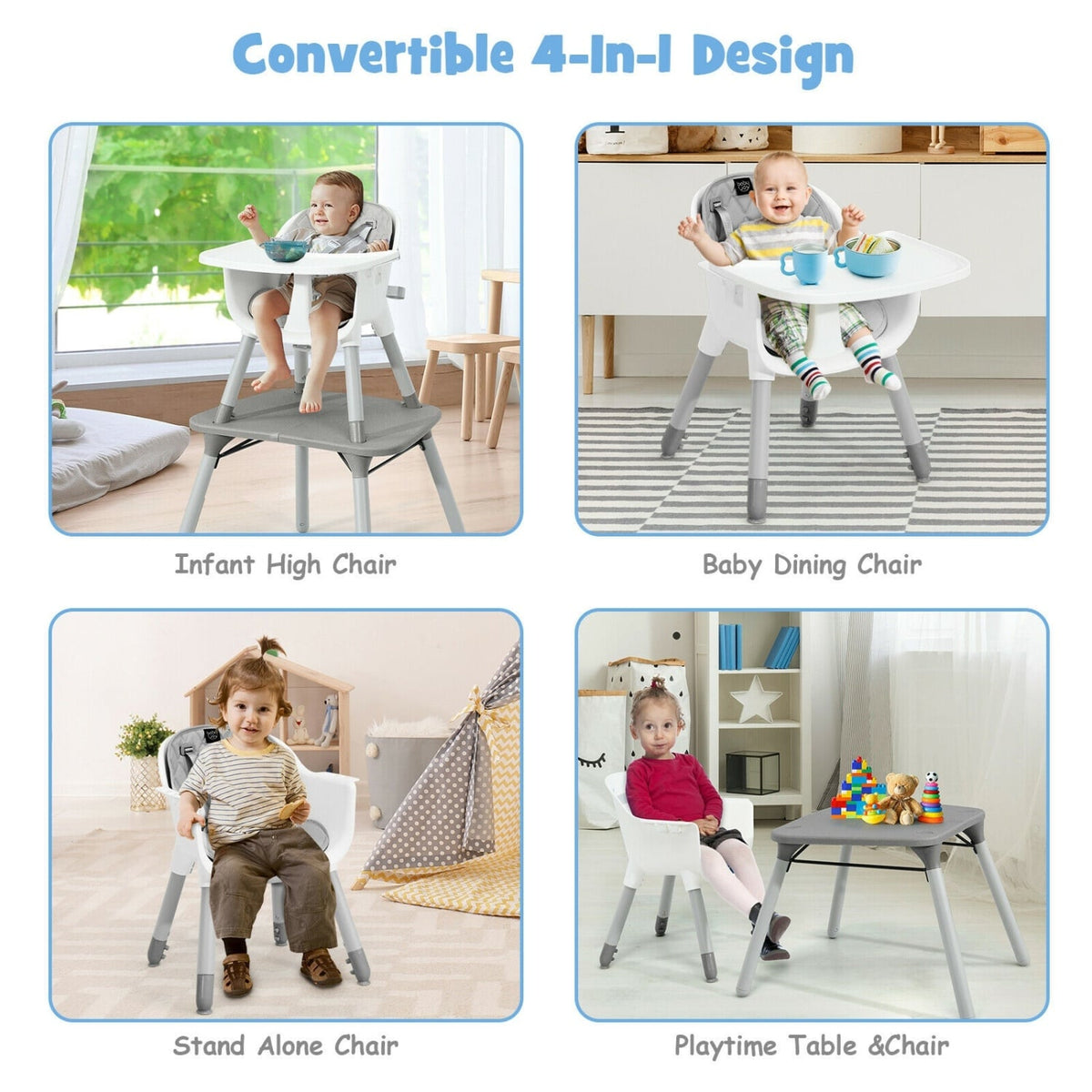 4-in-1 Baby Convertible Toddler Table Chair Set with PU Cushion-Gray-High Chairs-DECOROLALA