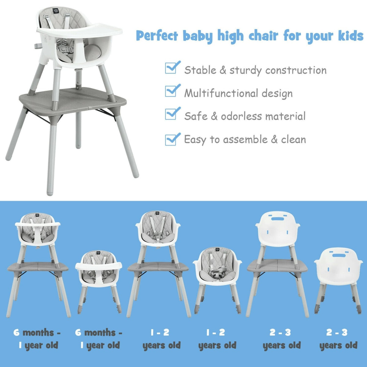 4-in-1 Baby Convertible Toddler Table Chair Set with PU Cushion-Gray-High Chairs-DECOROLALA