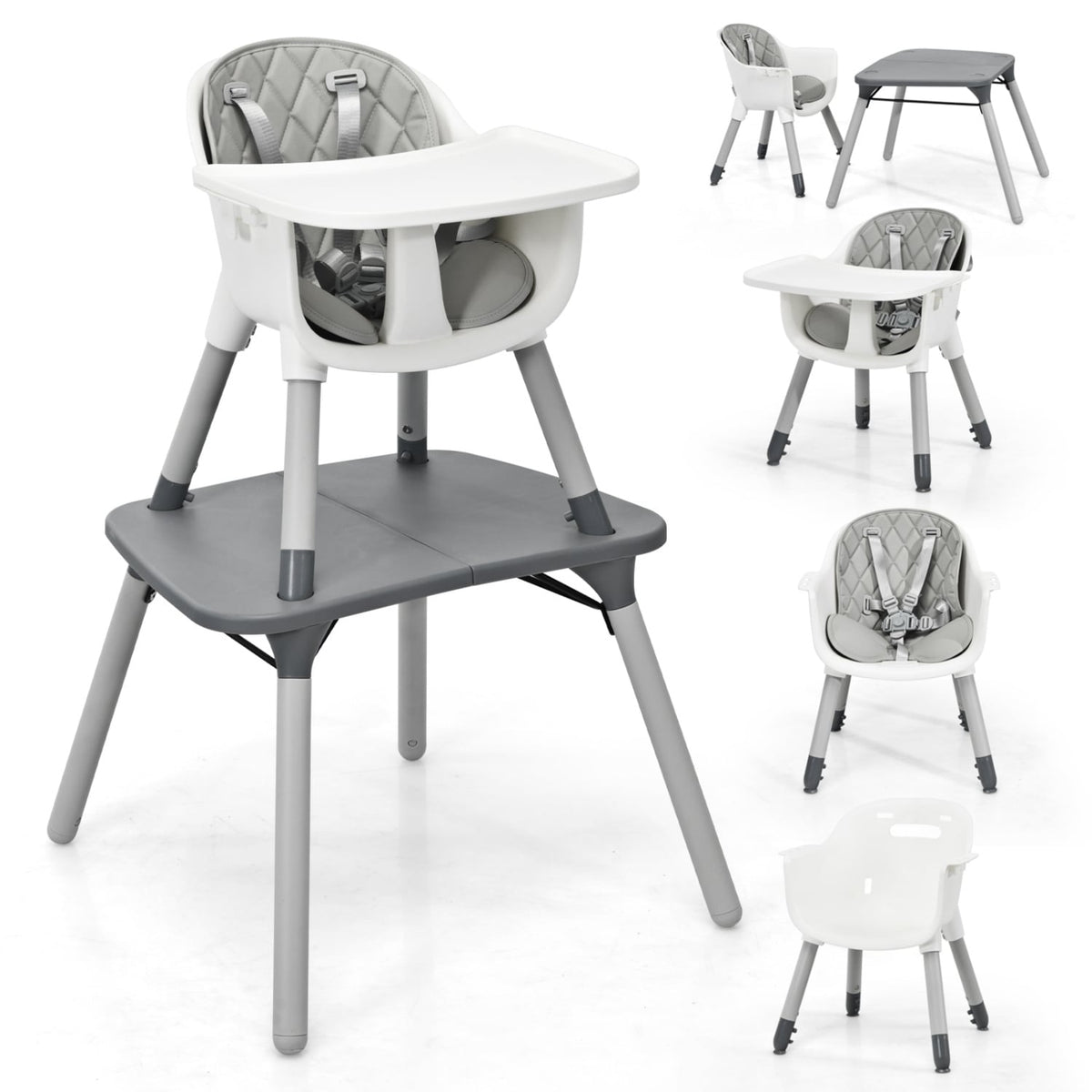 4-in-1 Baby Convertible Toddler Table Chair Set with PU Cushion-Gray-High Chairs-DECOROLALA