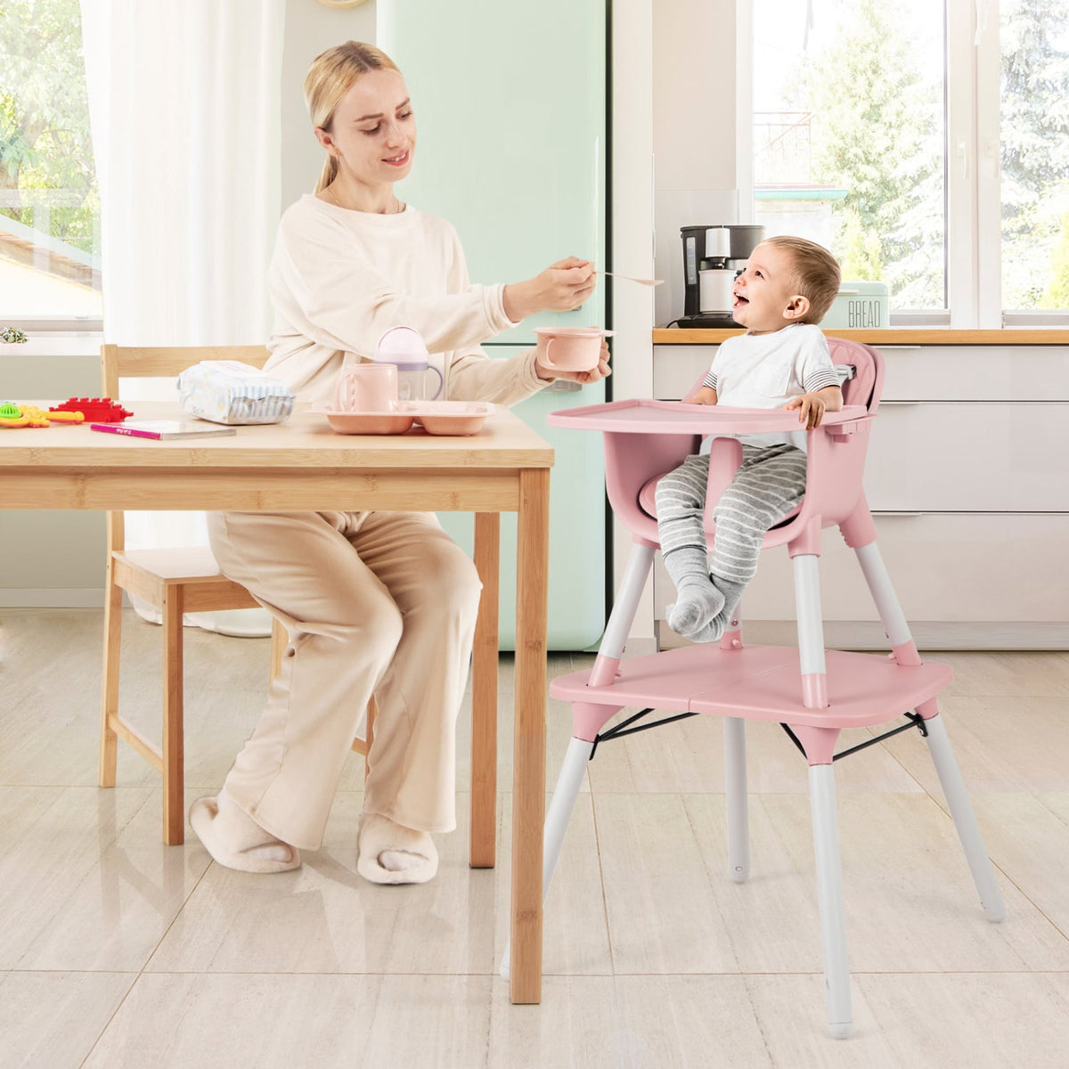 4-in-1 Baby Convertible Toddler Table Chair Set with PU Cushion-Pink-High Chairs-DECOROLALA