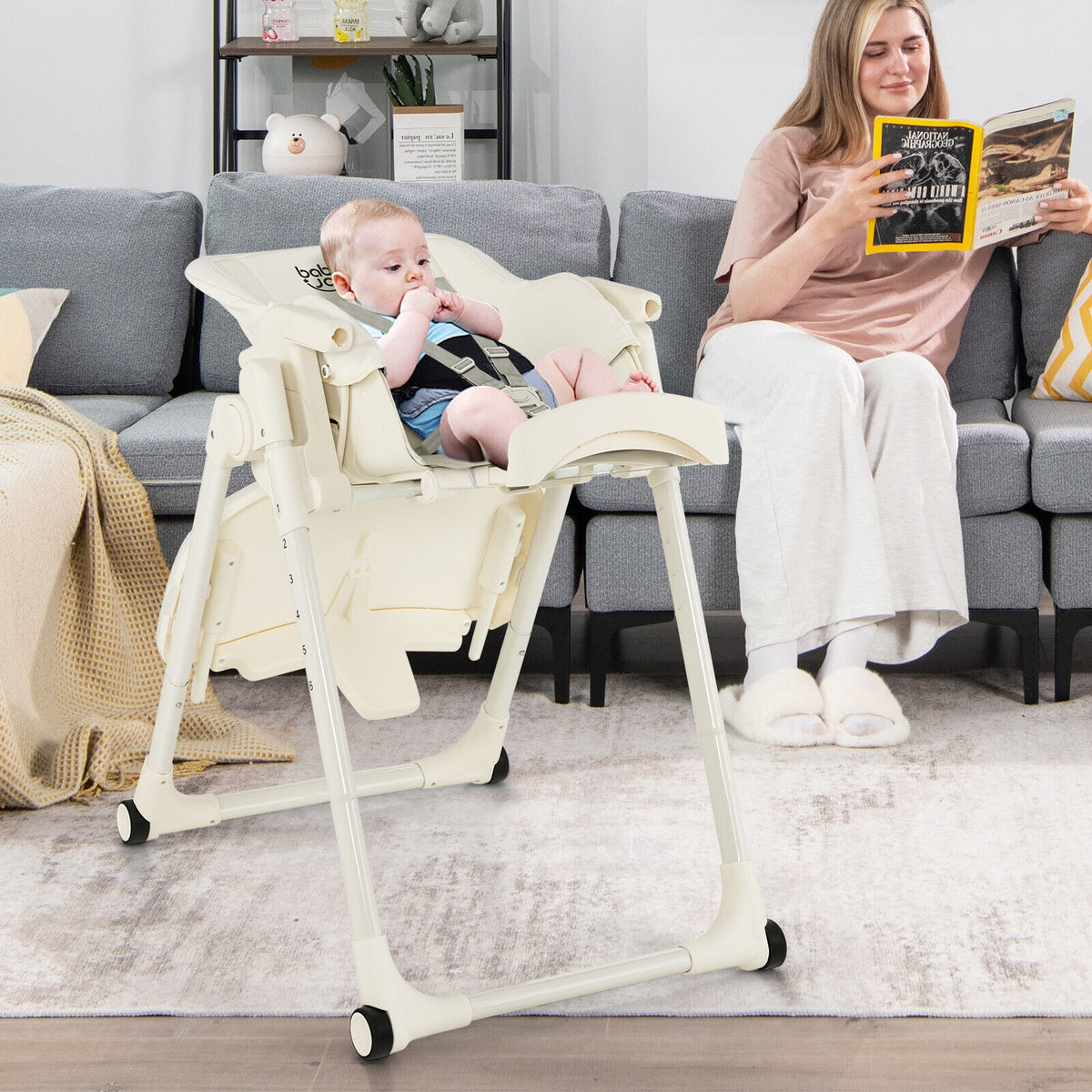 4-in-1 Baby High Chair with 6 Adjustable Heights-Beige-High Chairs-DECOROLALA