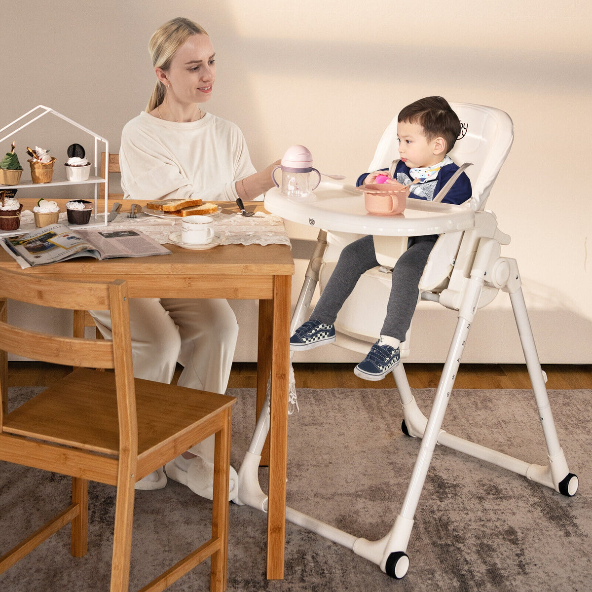 4-in-1 Baby High Chair with 6 Adjustable Heights-Beige-High Chairs-DECOROLALA
