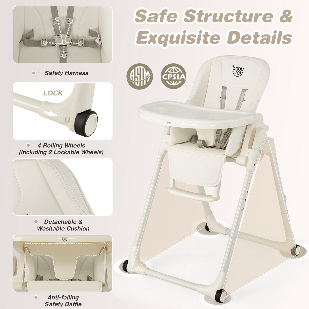 4-in-1 Baby High Chair with 6 Adjustable Heights-Beige-High Chairs-DECOROLALA