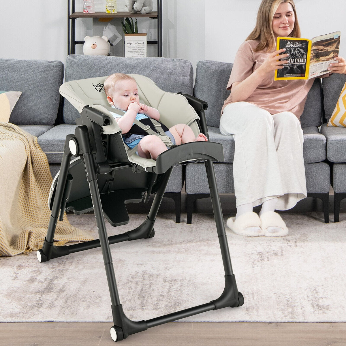 4-in-1 Baby High Chair with 6 Adjustable Heights-Gray-High Chairs-DECOROLALA