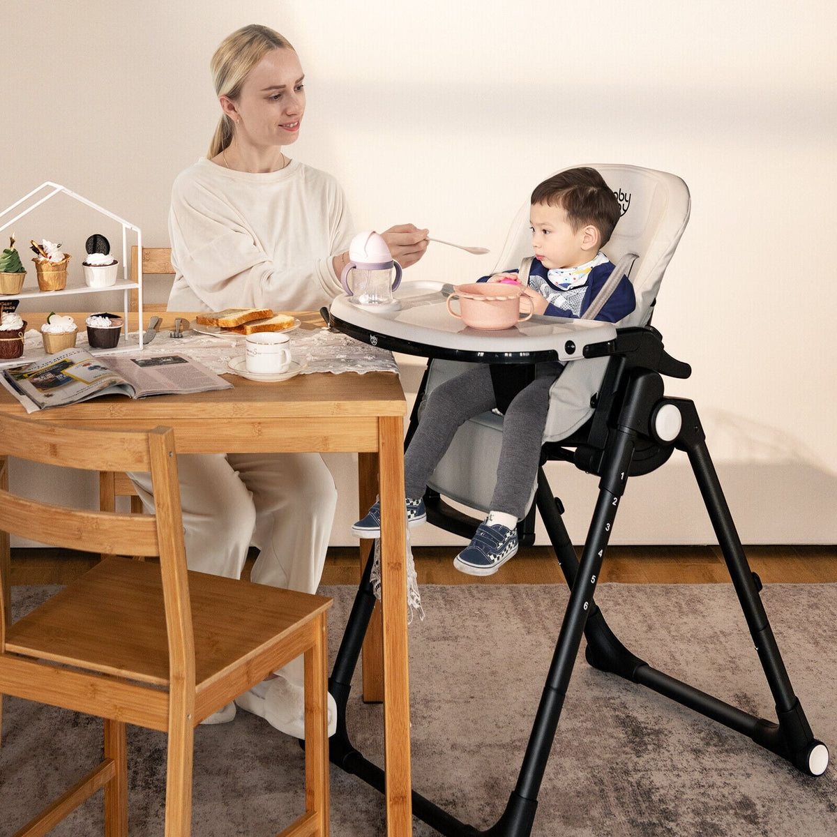 4-in-1 Baby High Chair with 6 Adjustable Heights-Gray-High Chairs-DECOROLALA