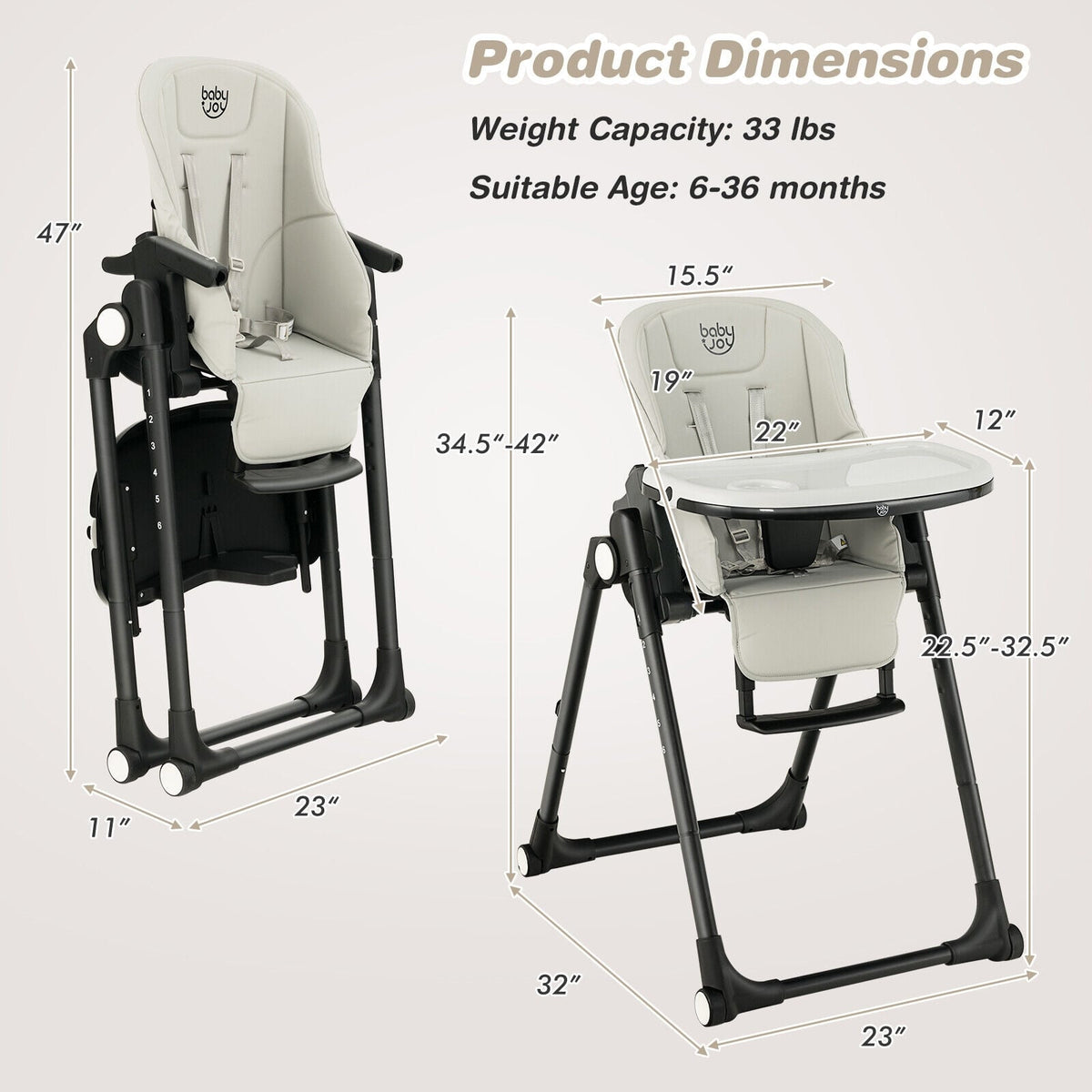 4-in-1 Baby High Chair with 6 Adjustable Heights-Gray-High Chairs-DECOROLALA