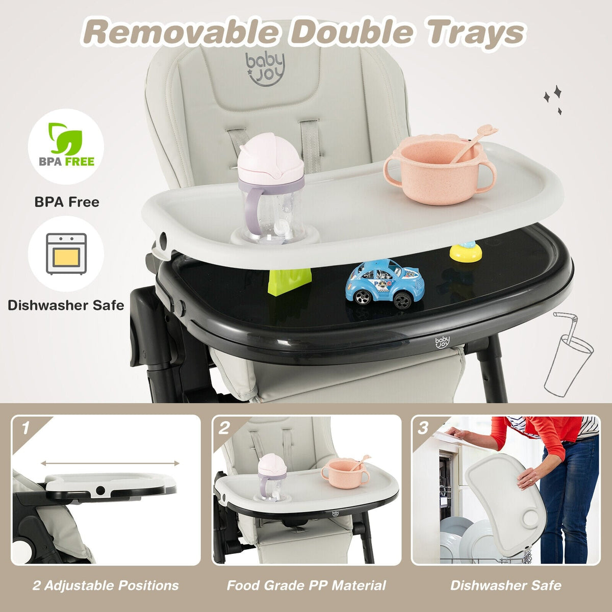 4-in-1 Baby High Chair with 6 Adjustable Heights-Gray-High Chairs-DECOROLALA