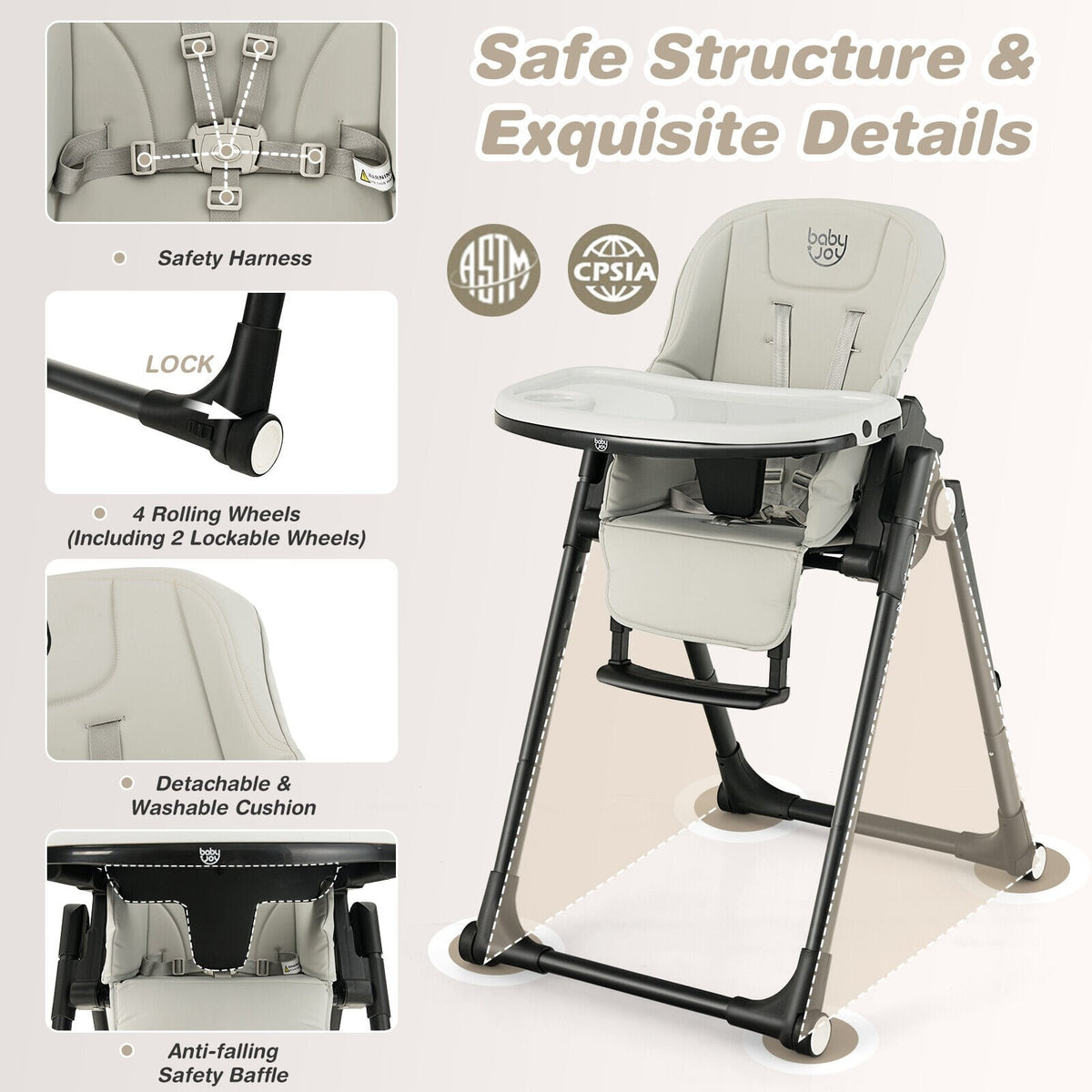 4-in-1 Baby High Chair with 6 Adjustable Heights-Gray-High Chairs-DECOROLALA