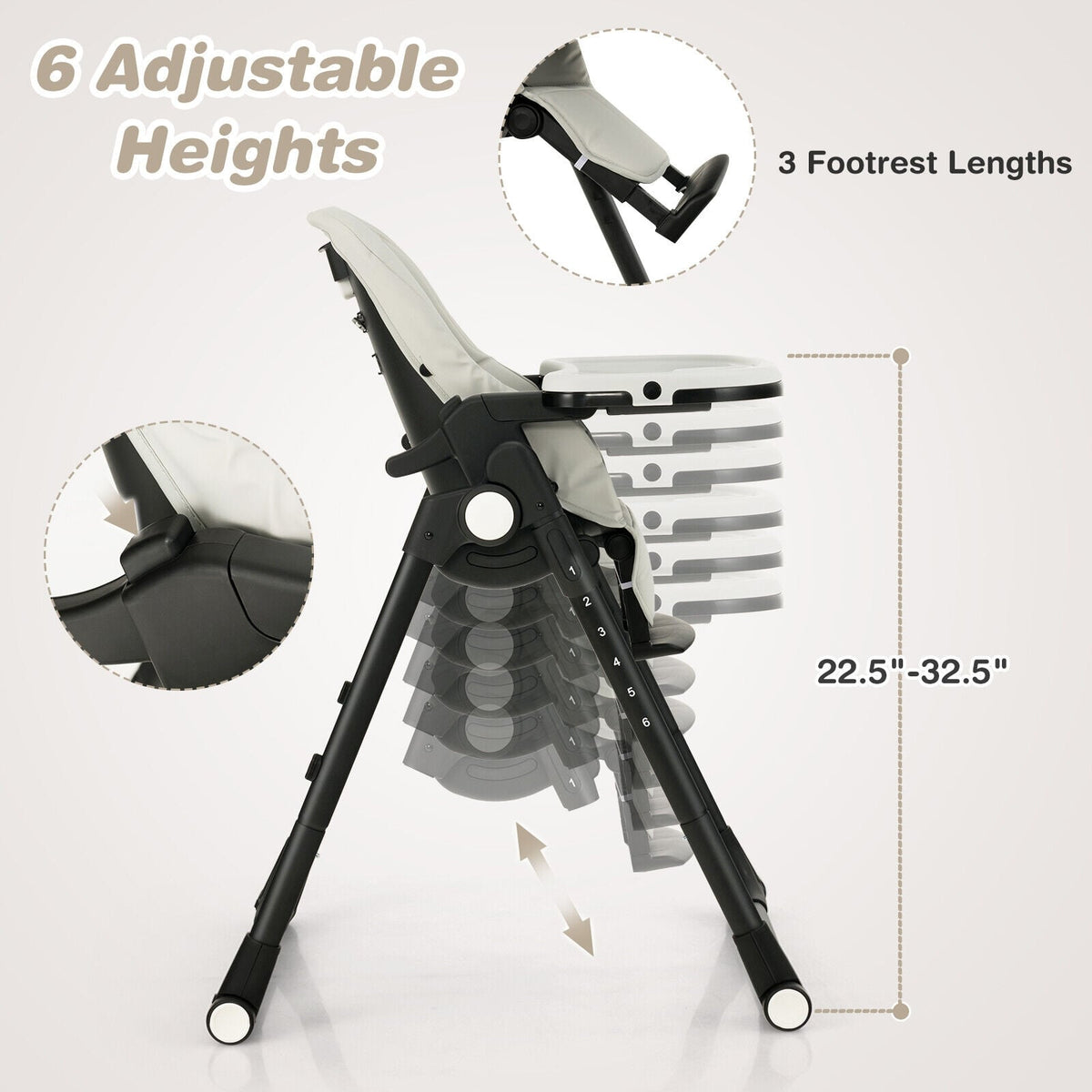 4-in-1 Baby High Chair with 6 Adjustable Heights-Gray-High Chairs-DECOROLALA