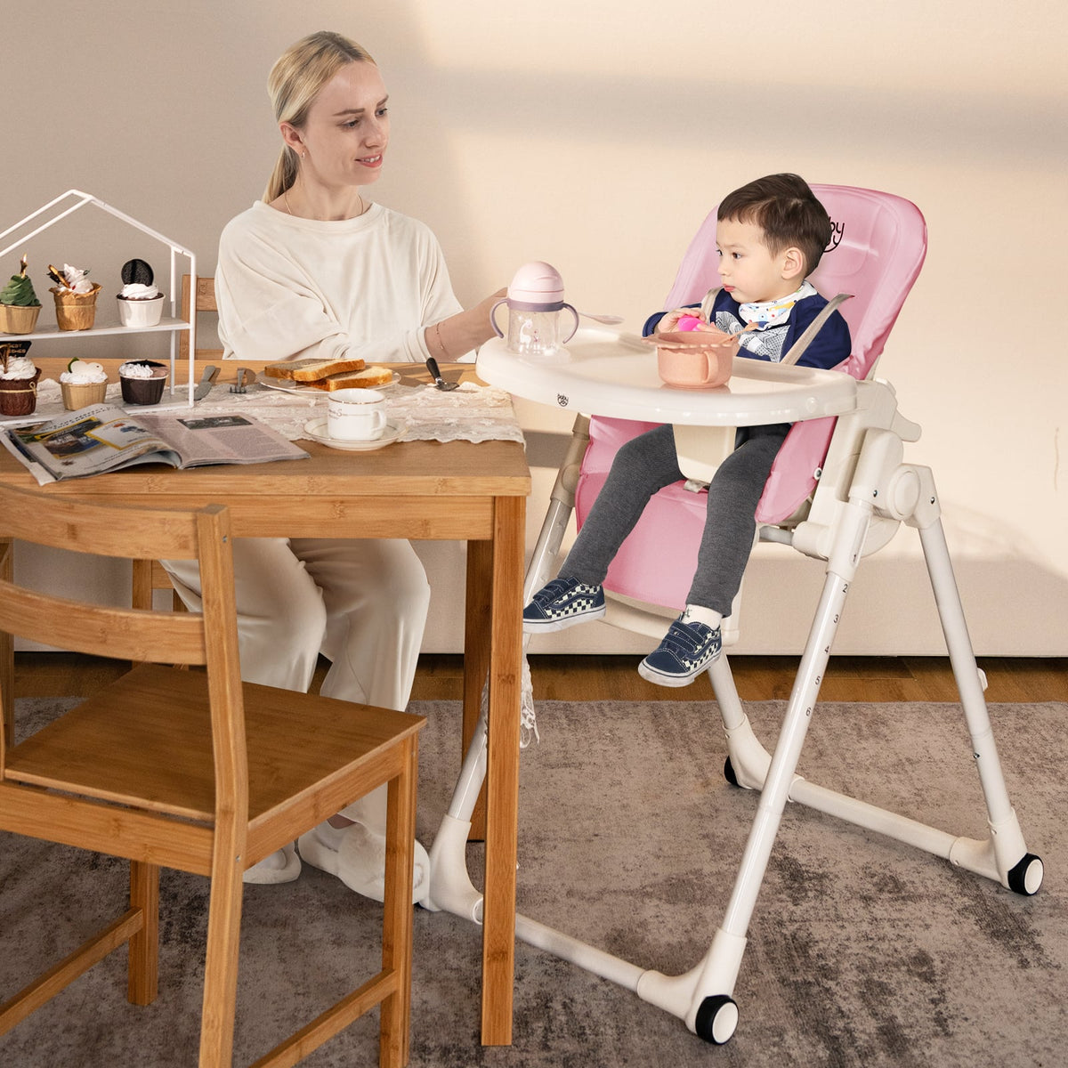 4-in-1 Baby High Chair with 6 Adjustable Heights-Pink-High Chairs-DECOROLALA