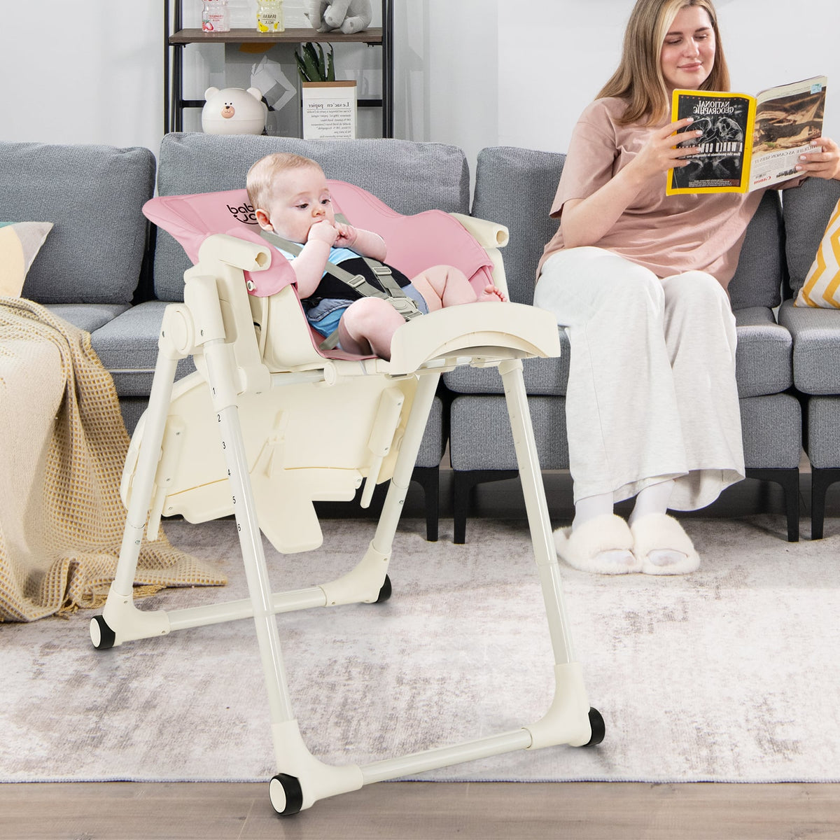 4-in-1 Baby High Chair with 6 Adjustable Heights-Pink-High Chairs-DECOROLALA