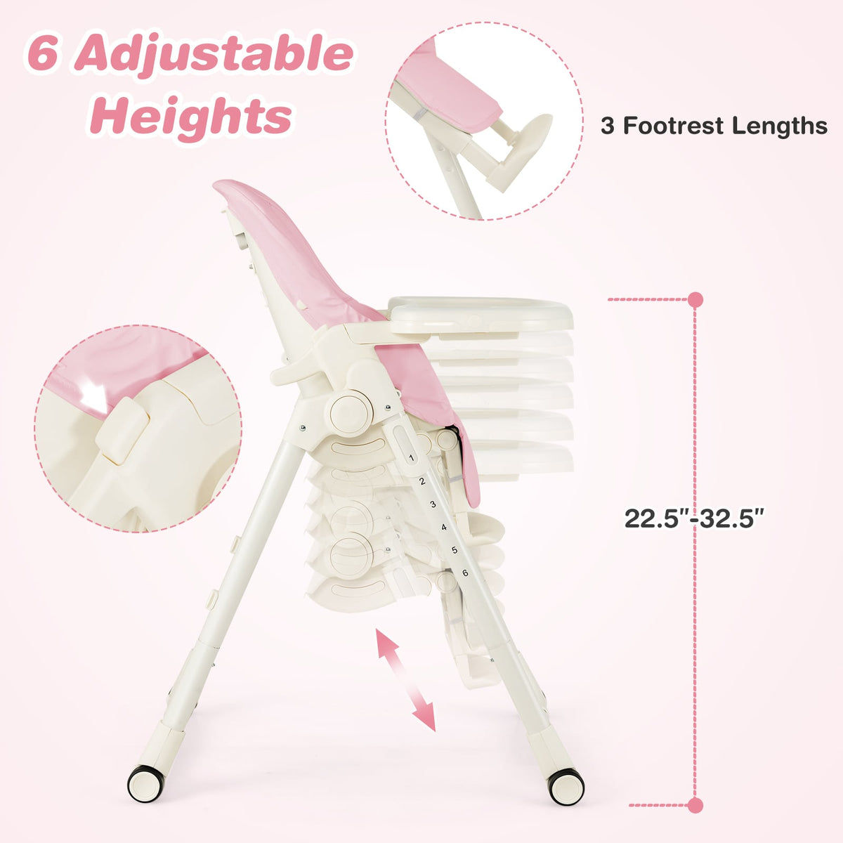4-in-1 Baby High Chair with 6 Adjustable Heights-Pink-High Chairs-DECOROLALA