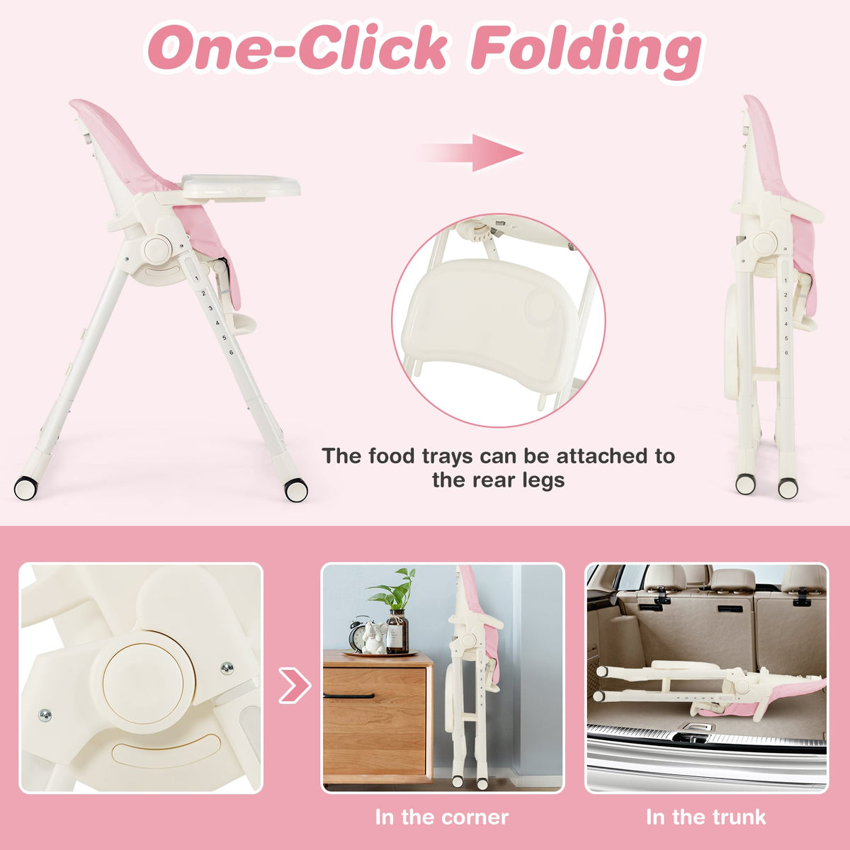 4-in-1 Baby High Chair with 6 Adjustable Heights-Pink-High Chairs-DECOROLALA