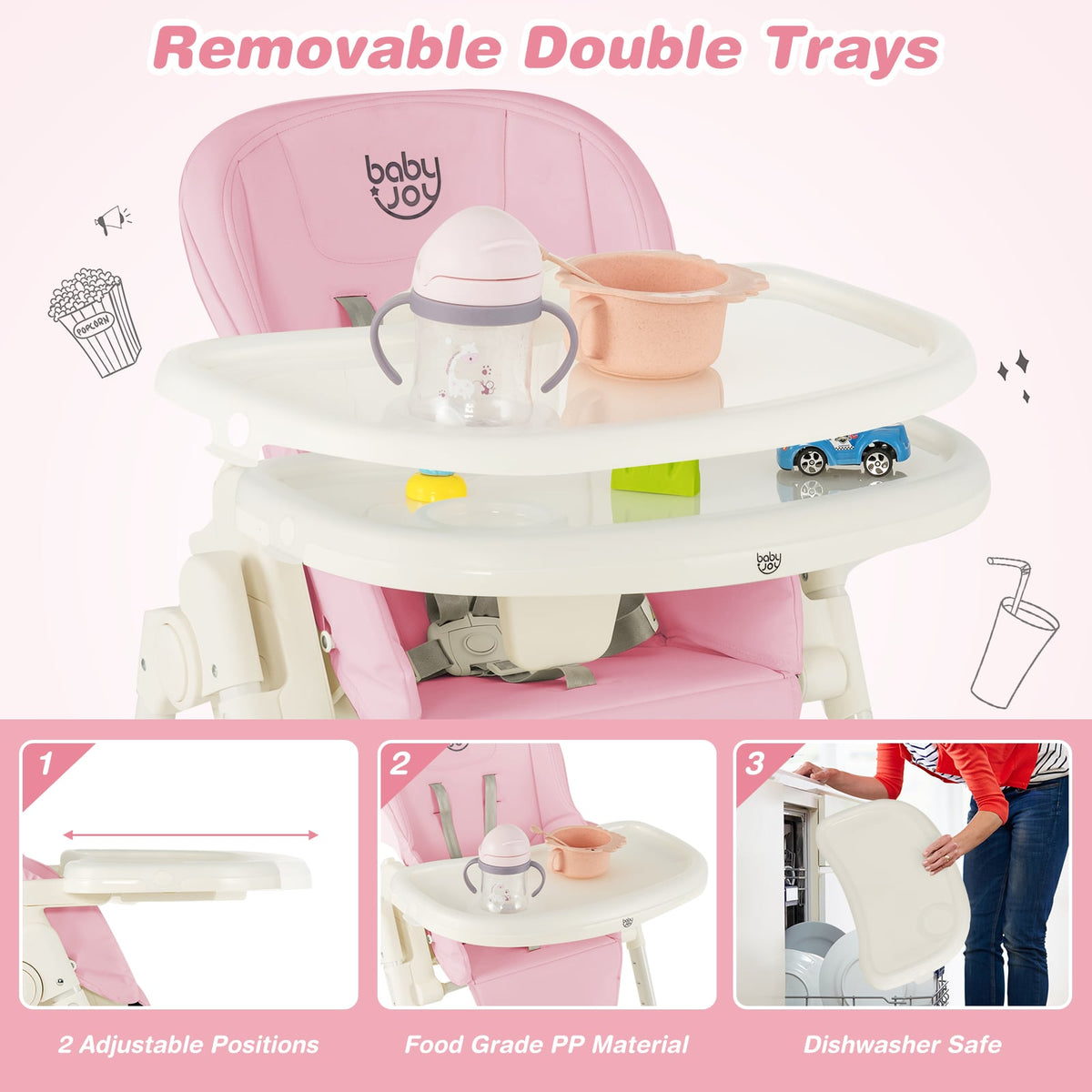 4-in-1 Baby High Chair with 6 Adjustable Heights-Pink-High Chairs-DECOROLALA