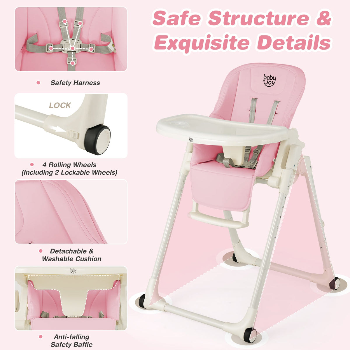 4-in-1 Baby High Chair with 6 Adjustable Heights-Pink-High Chairs-DECOROLALA