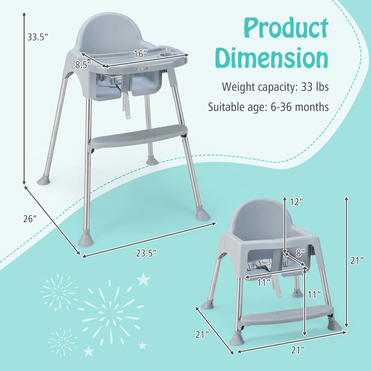 4-in-1 Convertible Baby High Chair with Removable Double Tray-Gray-High Chairs-DECOROLALA