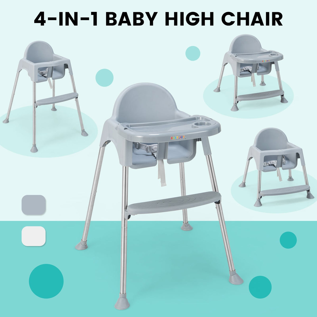 4-in-1 Convertible Baby High Chair with Removable Double Tray-Gray-High Chairs-DECOROLALA