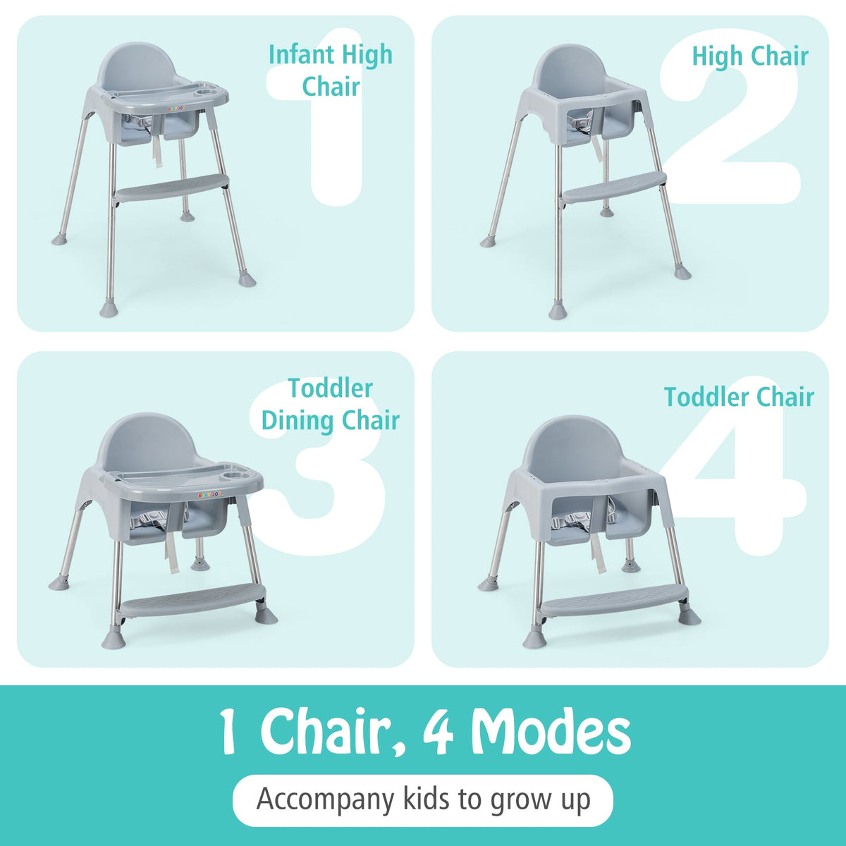 4-in-1 Convertible Baby High Chair with Removable Double Tray-Gray-High Chairs-DECOROLALA