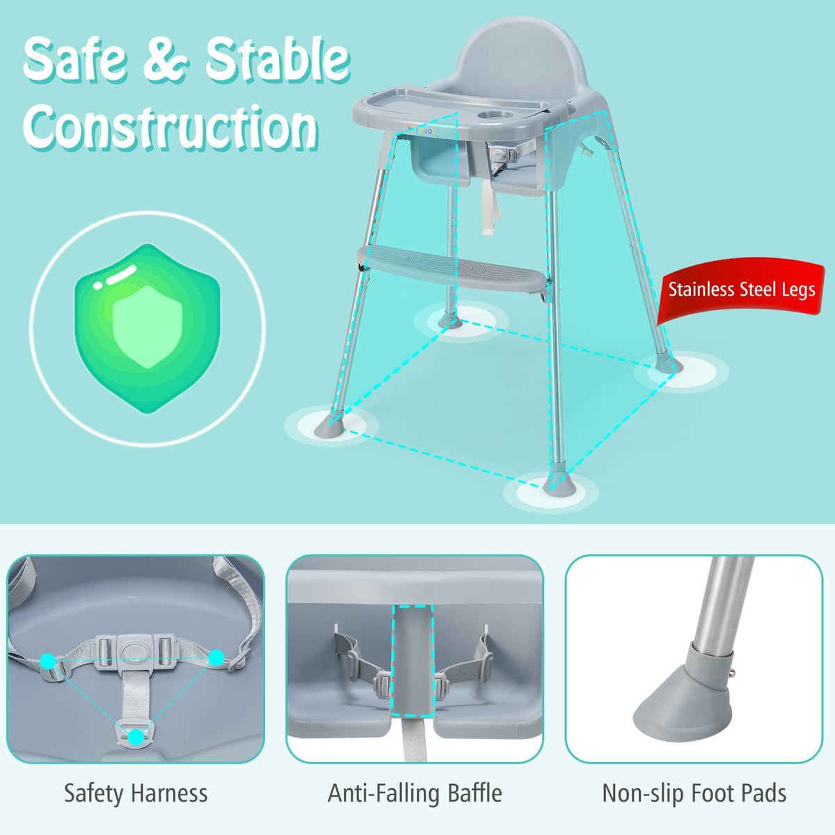 4-in-1 Convertible Baby High Chair with Removable Double Tray-Gray-High Chairs-DECOROLALA