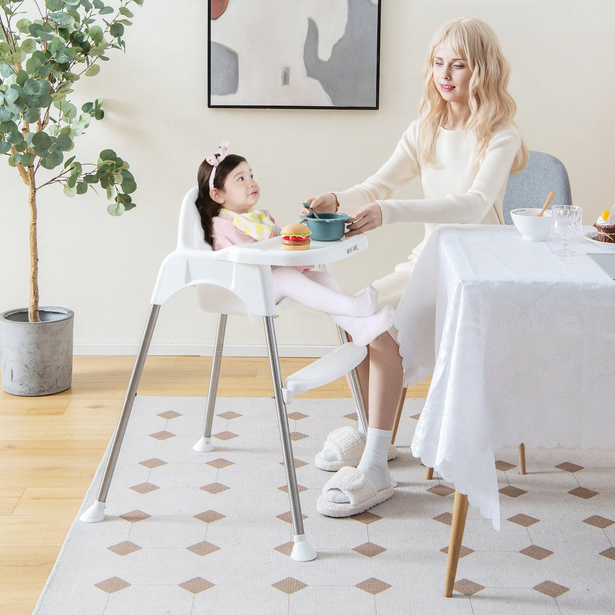 4-in-1 Convertible Baby High Chair with Removable Double Tray-White-High Chairs-DECOROLALA
