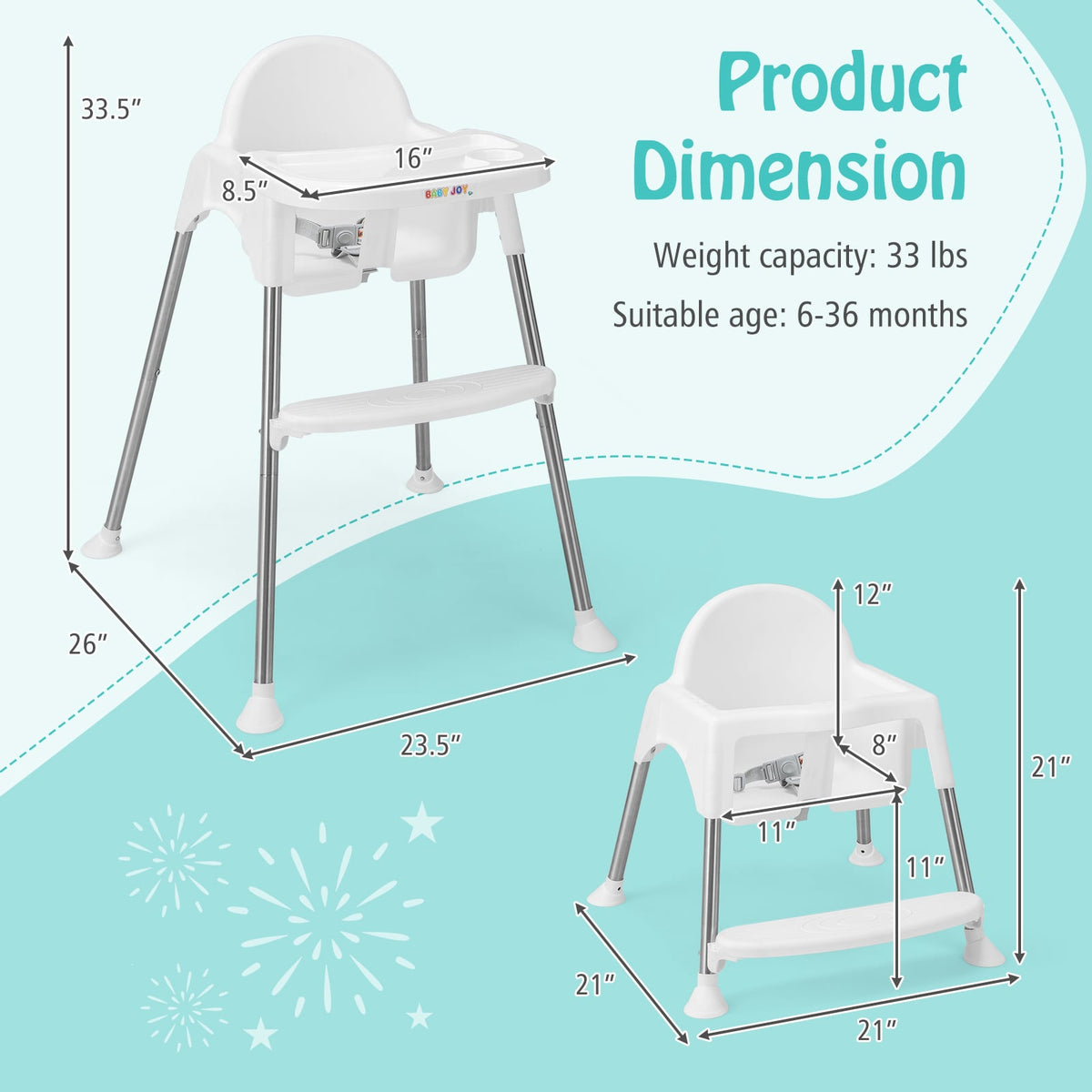 4-in-1 Convertible Baby High Chair with Removable Double Tray-White-High Chairs-DECOROLALA