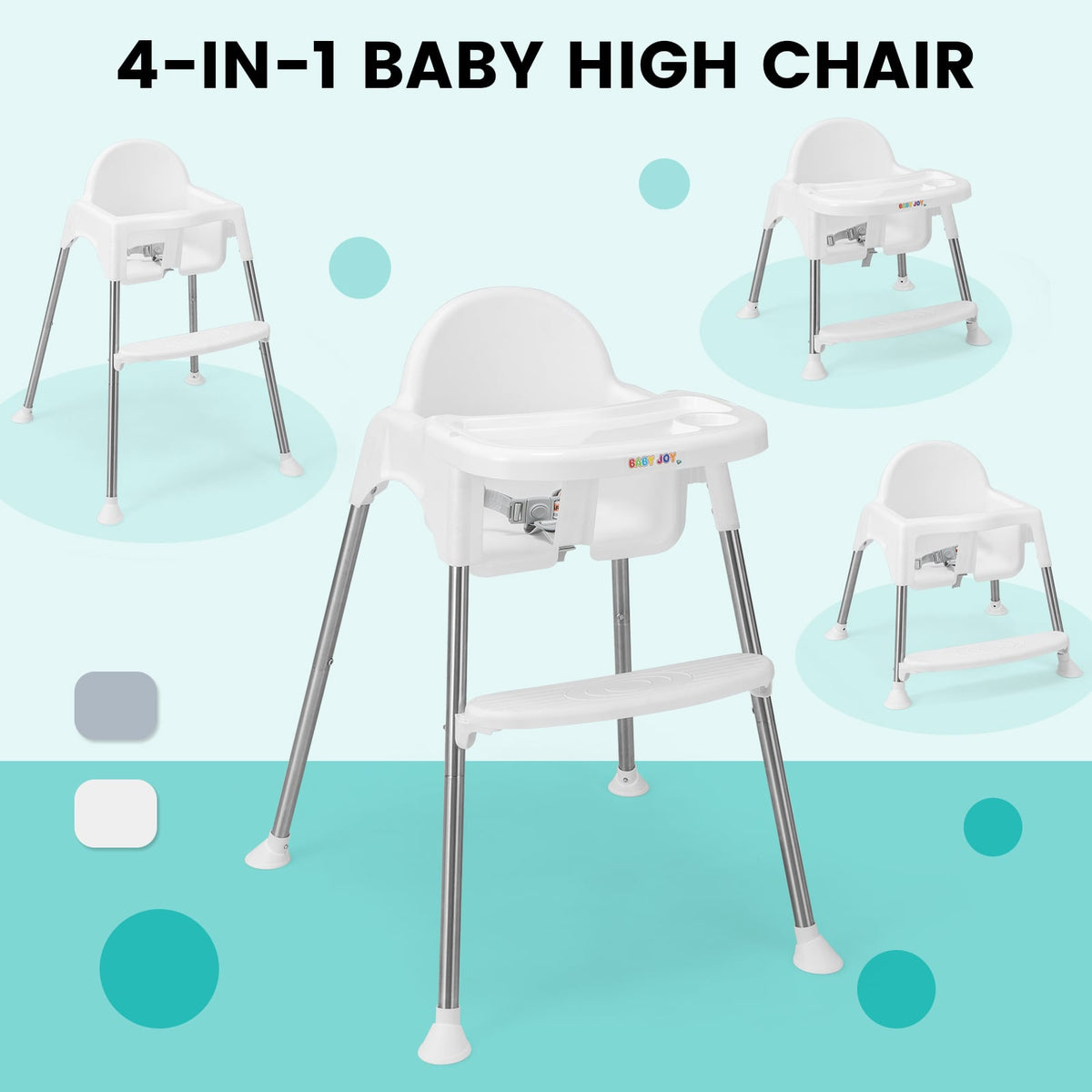 4-in-1 Convertible Baby High Chair with Removable Double Tray-White-High Chairs-DECOROLALA