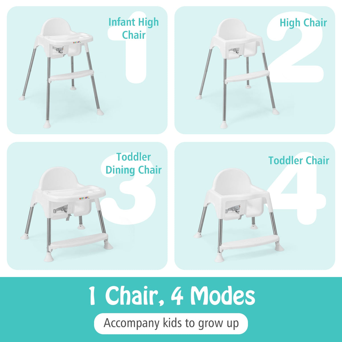 4-in-1 Convertible Baby High Chair with Removable Double Tray-White-High Chairs-DECOROLALA