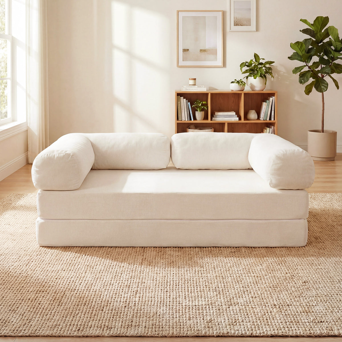 4-in-1 Convertible Folding Sofa Bed - Beige Corduroy Futon-Sofas & Loveseats-DECOROLALA