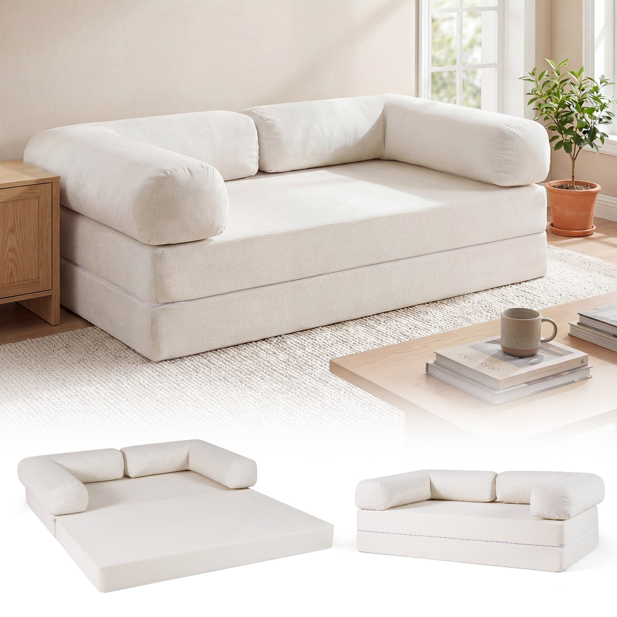 4-in-1 Convertible Folding Sofa Bed - Beige Corduroy Futon-Sofas & Loveseats-DECOROLALA