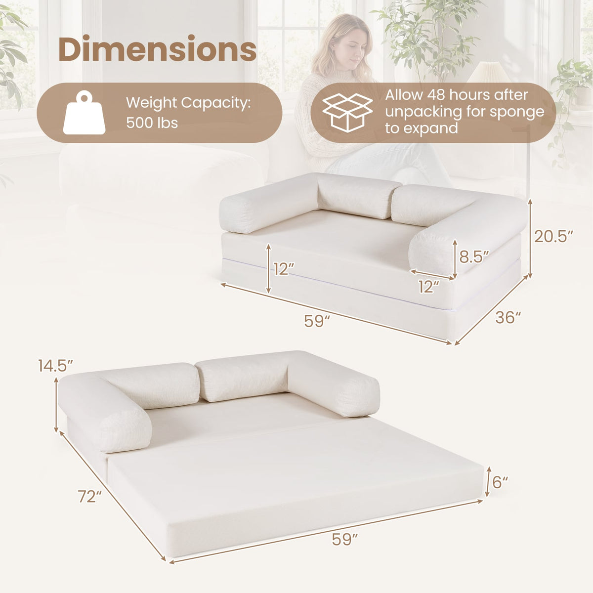 4-in-1 Convertible Folding Sofa Bed - Beige Corduroy Futon-Sofas & Loveseats-DECOROLALA
