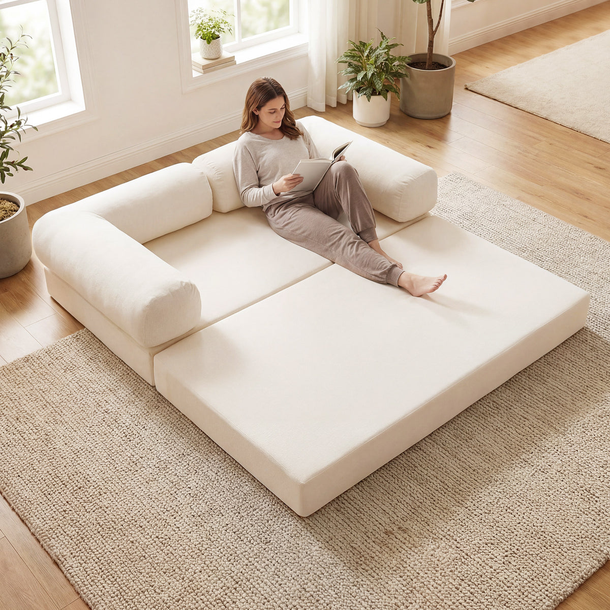 4-in-1 Convertible Folding Sofa Bed - Beige Corduroy Futon-Sofas & Loveseats-DECOROLALA