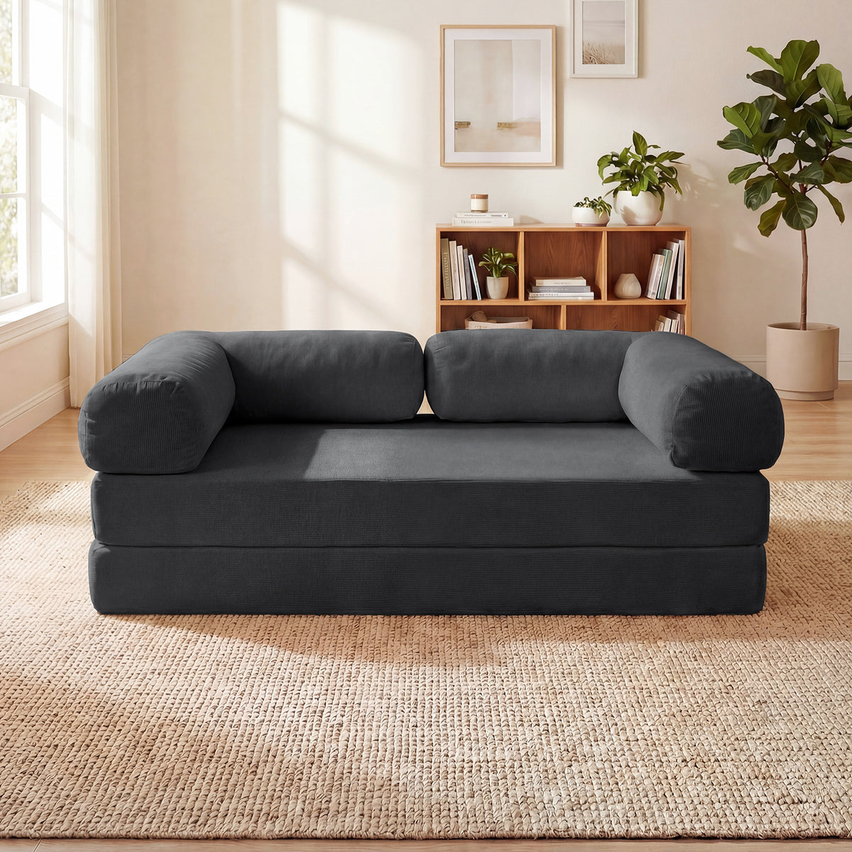 4-in-1 Convertible Folding Sofa Bed - Gray Corduroy Floor Lounger-Sofas & Loveseats-DECOROLALA