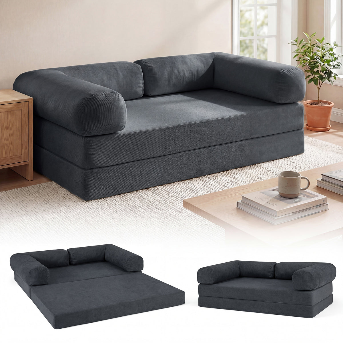 4-in-1 Convertible Folding Sofa Bed - Gray Corduroy Floor Lounger-Sofas & Loveseats-DECOROLALA